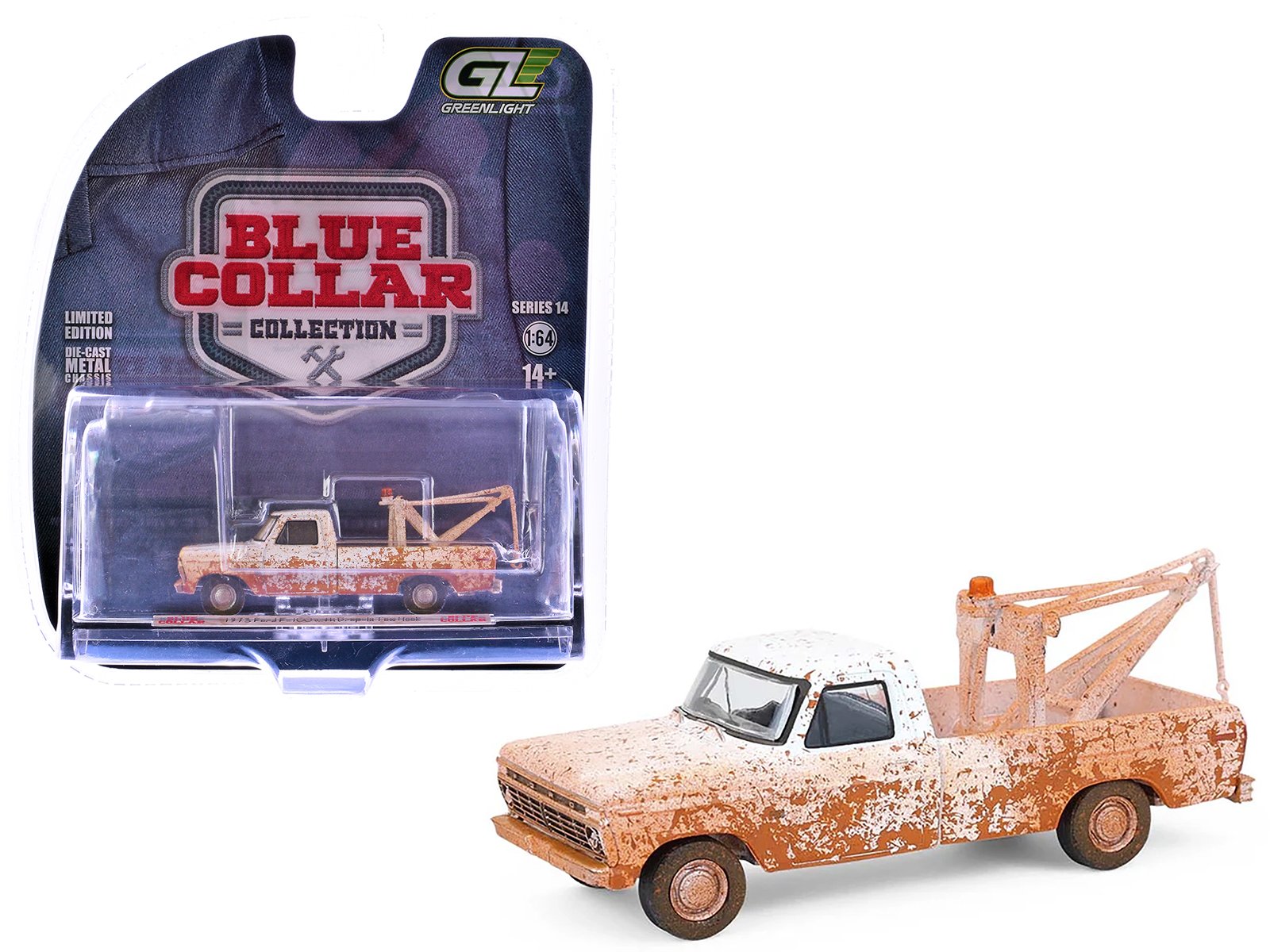 1973 ford f 100 tow truck white (weathered) "blue collar collection" series 14 1/64 diecast model car by greenlight 1973 ford f 100 tow truck white (weathered) "blue collar collection" series 14 1/64 diecast model car by greenlight