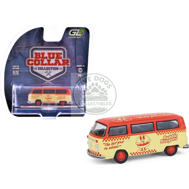 1975 volkswagen type 2 van "bubbie burgers food truck" orange and cream "blue collar collection" series 14 1/64 diecast model car by greenlight