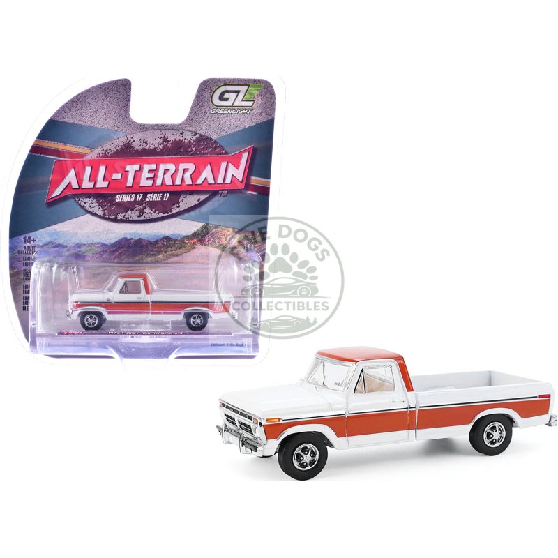 1977 ford f 150 ranger xlt pickup truck orange and white "all terrain" series 17 1/64 diecast model car by greenlight