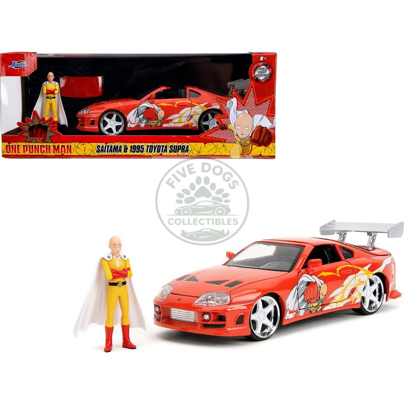 1995 toyota supra red with graphics and saitama diecast figure "one punch man" (2015 2019) tv series 1/24 diecast model by jada