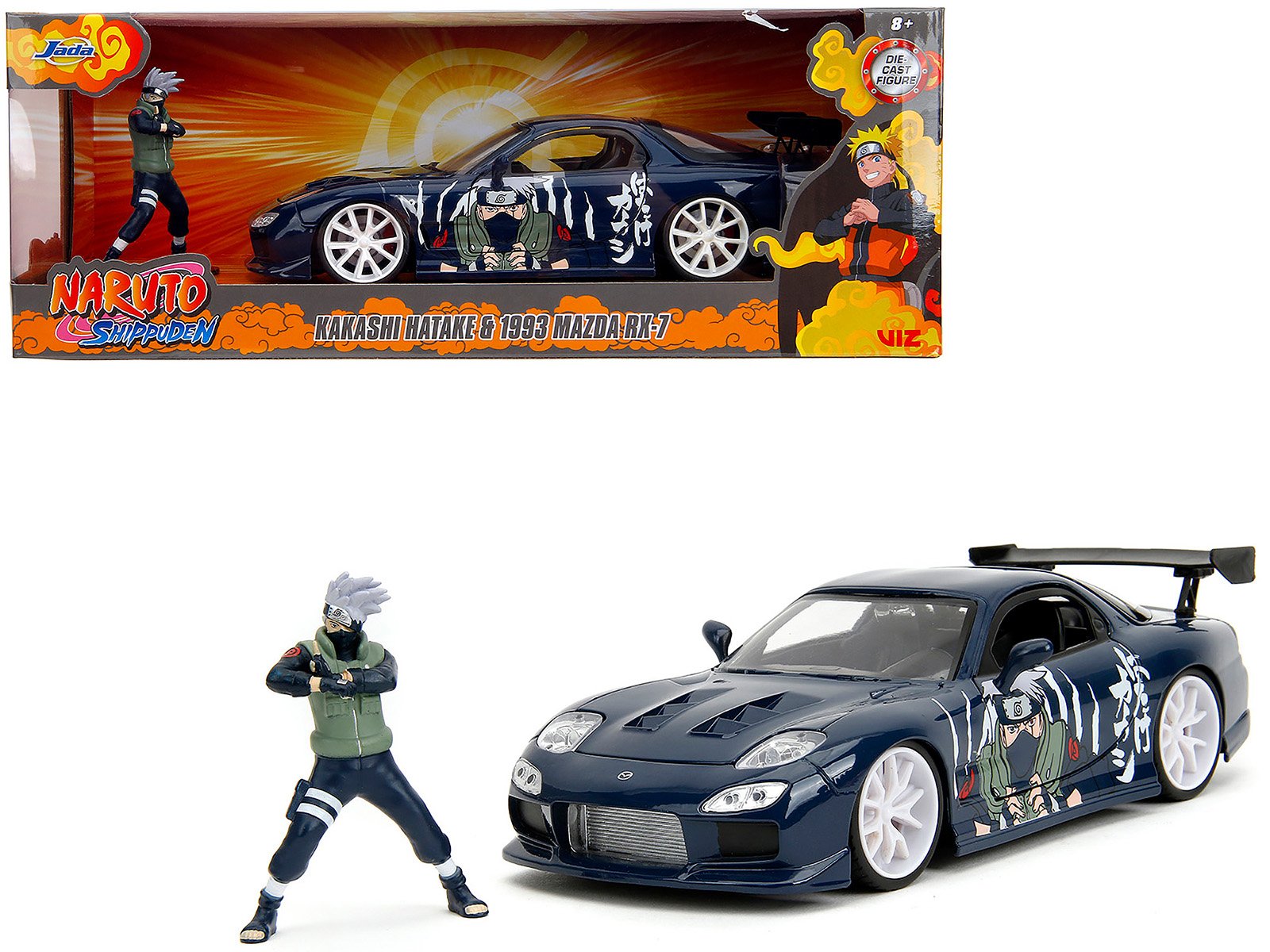 1993 mazda rx 7 dark blue with graphics and kakashi hatake diecast figure "naruto shippuden" (2009 2017) tv series "anime hollywood rides" series 1/24 diecast model car by jada 1993 mazda rx 7 dark blue with graphics and kakashi hatake diecast figure "naruto shippuden" (2009 2017) tv series "anime hollywood rides" series 1/24 diecast model car by jada