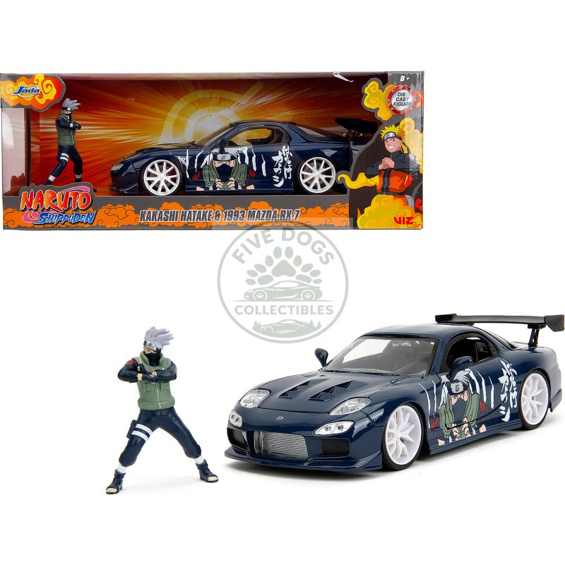 1993 mazda rx 7 dark blue with graphics and kakashi hatake diecast figure "naruto shippuden" (2009 2017) tv series "anime hollywood rides" series 1/24 diecast model car by jada