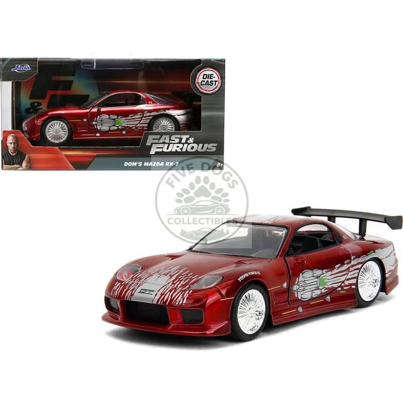 dom's mazda rx 7 candy red with graphics "the fast and the furious" (2001) movie "fast & furious" series 1/32 diecast model car by jada