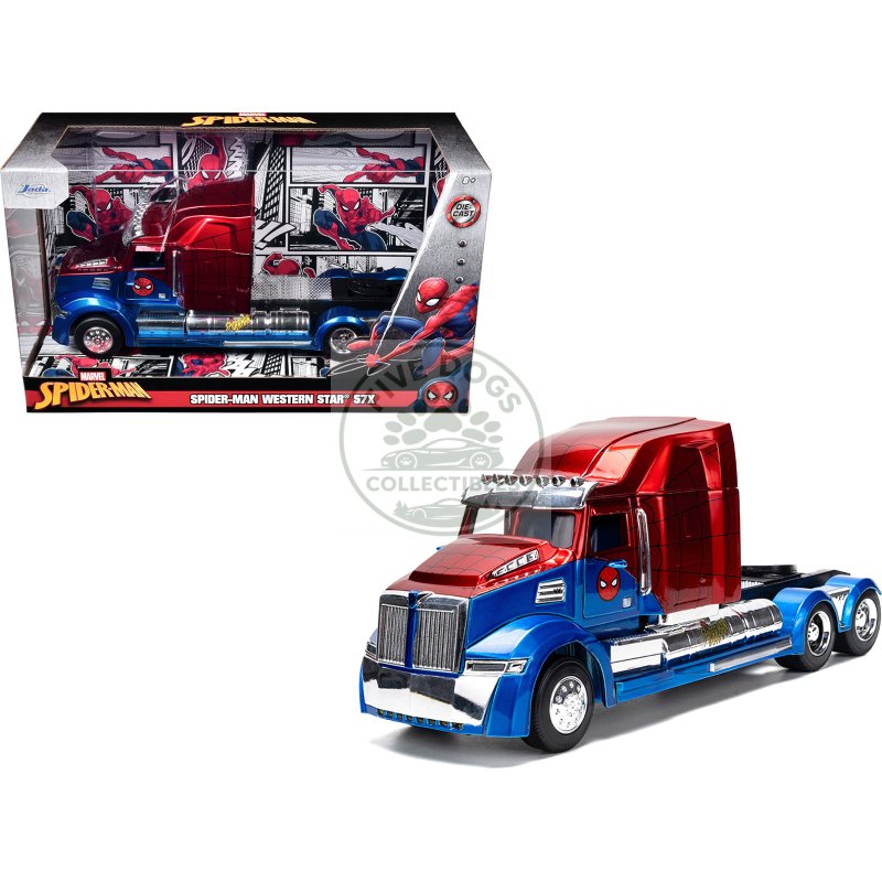 western star 57x truck tractor "spider man" blue and red metallic "hollywood rides" series 1/24 diecast model by jada