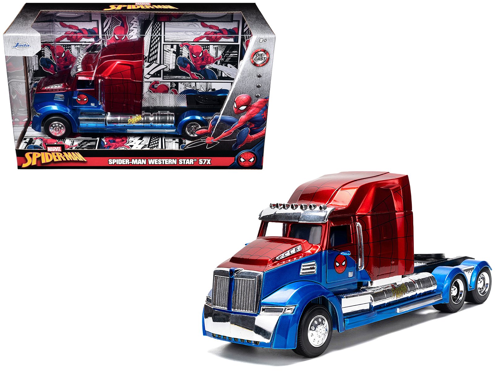 western star 57x truck tractor "spider man" blue and red metallic "hollywood rides" series 1/24 diecast model by jada western star 57x truck tractor "spider man" blue and red metallic "hollywood rides" series 1/24 diecast model by jada