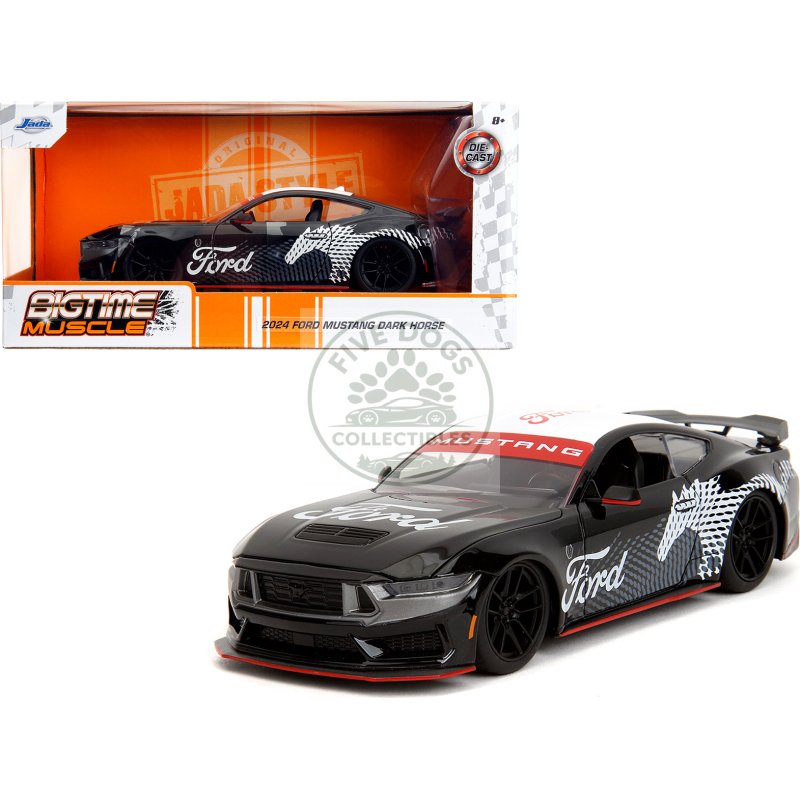 2024 ford mustang dark horse black with white top and "mustang horse graphics" "bigtime muscle" series 1/24 diecast model car by jada