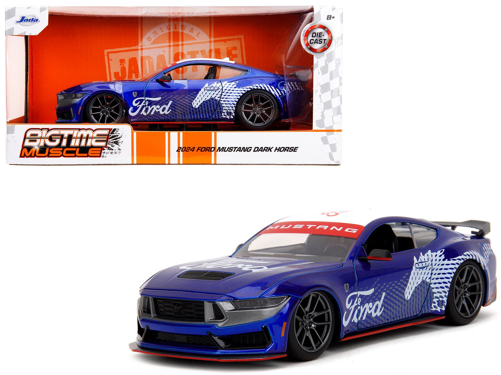 2024 ford mustang dark horse candy blue with white top and "mustang horse graphics" "bigtime muscle" series 1/24 diecast model car by jada 2024 ford mustang dark horse candy blue with white top and "mustang horse graphics" "bigtime muscle" series 1/24 diecast model car by jada