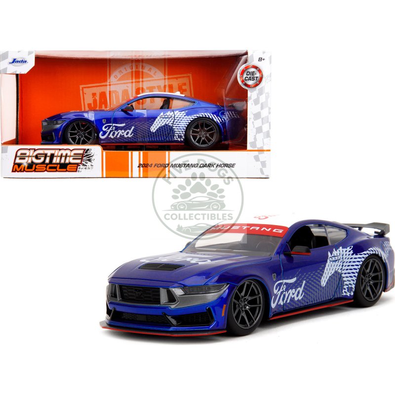 2024 ford mustang dark horse candy blue with white top and "mustang horse graphics" "bigtime muscle" series 1/24 diecast model car by jada