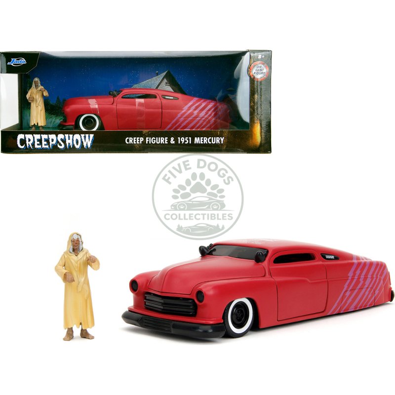 1951 mercury matt red with purple stripes and creep diecast figure "creepshow" (1982) movie "hollywood rides" series 1/24 diecast model car by jada