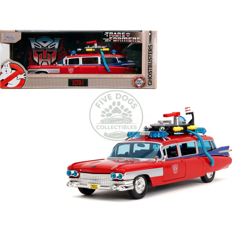1959 cadillac ambulance ecto 1 red "transformers" tv series "ghostbusters" (1984) movie crossover "hollywood rides" series 1/24 diecast model car by jada