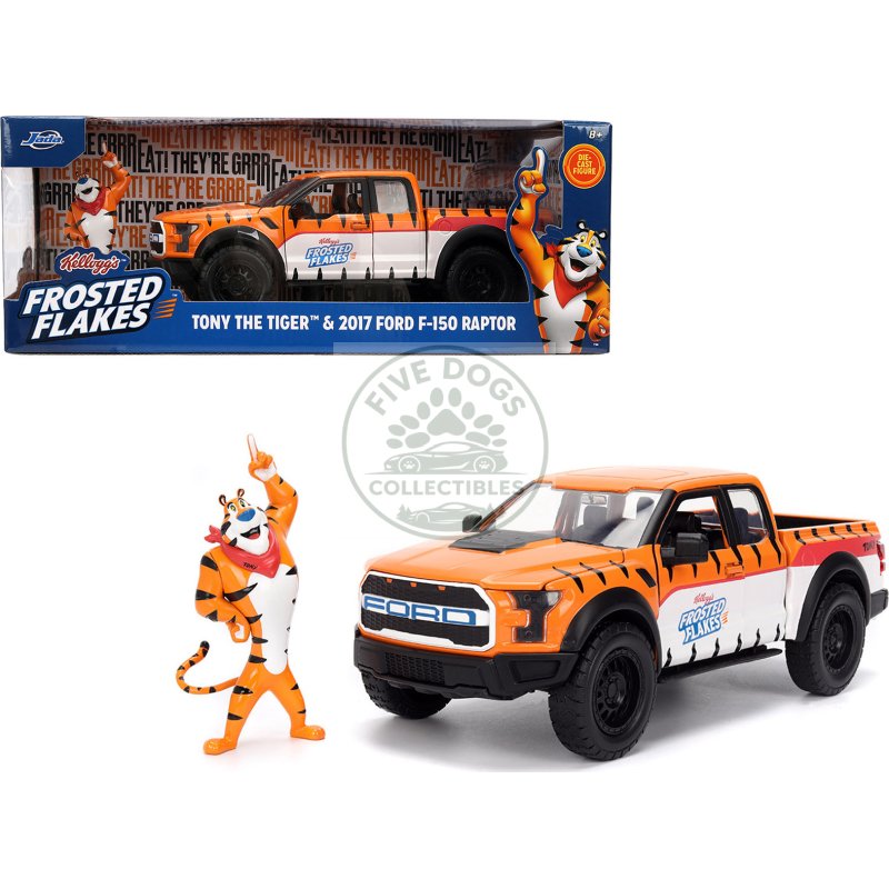 2017 ford f 150 raptor pickup truck "frosted flakes" orange with graphics and tony the tiger diecast figure "hollywood rides" series 1/24 diecast model car by jada