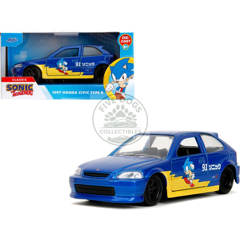 1997 honda civic type r blue metallic with graphics "sonic the hedgehog" (1991) video game "hollywood rides" series 1/32 diecast model car by jada