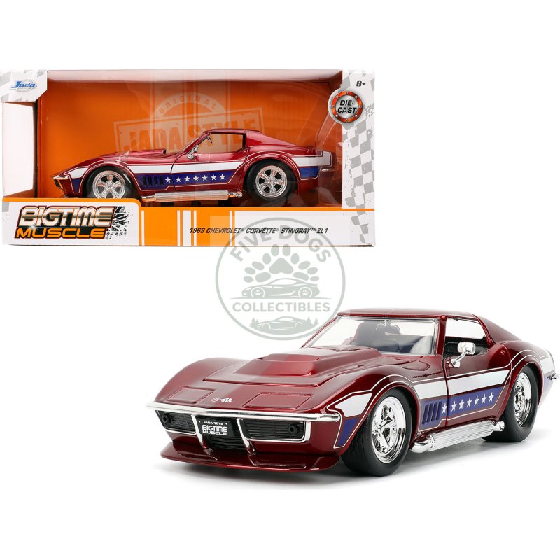 1969 chevrolet corvette stingray zl1 red metallic with stars and stripes graphics "bigtime muscle" series 1/24 diecast model car by jada