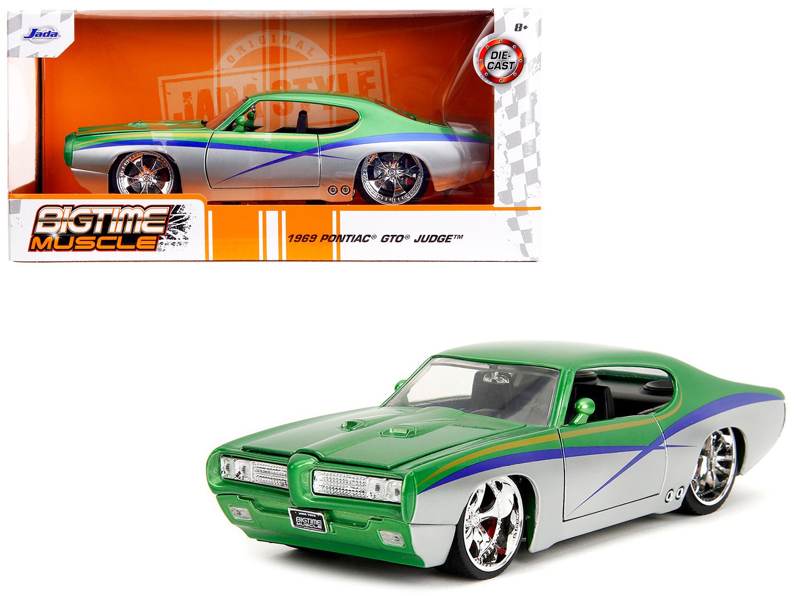 1969 pontiac gto judge green metallic and silver with stripes "bigtime muscle" series 1/24 diecast model car by jada 1969 pontiac gto judge green metallic and silver with stripes "bigtime muscle" series 1/24 diecast model car by jada