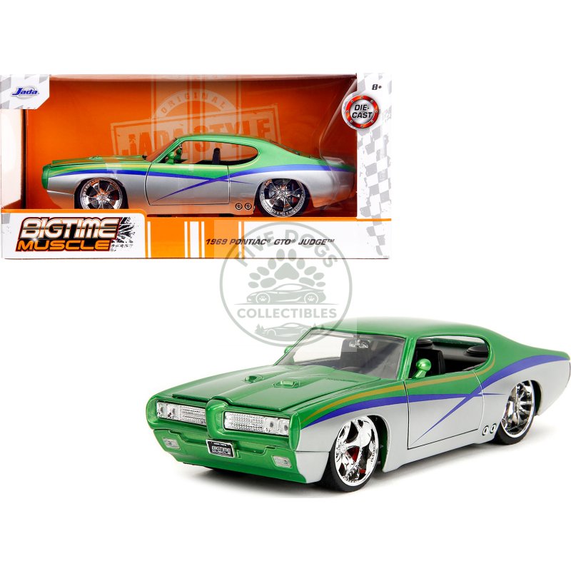 1969 pontiac gto judge green metallic and silver with stripes "bigtime muscle" series 1/24 diecast model car by jada
