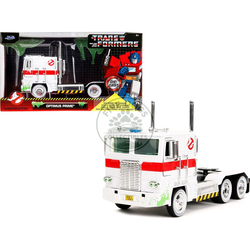 g1 autobot optimus prime truck white with robot on chassis from "transformers" tv series "ghostbusters" (1984) movie crossover "hollywood rides" series 1/24 diecast model by jada