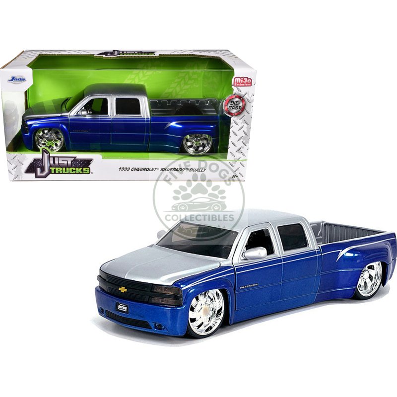1999 chevrolet silverado dually pickup truck blue metallic and silver with custom kmc wheels "just trucks" series 1/24 diecast model car by jada