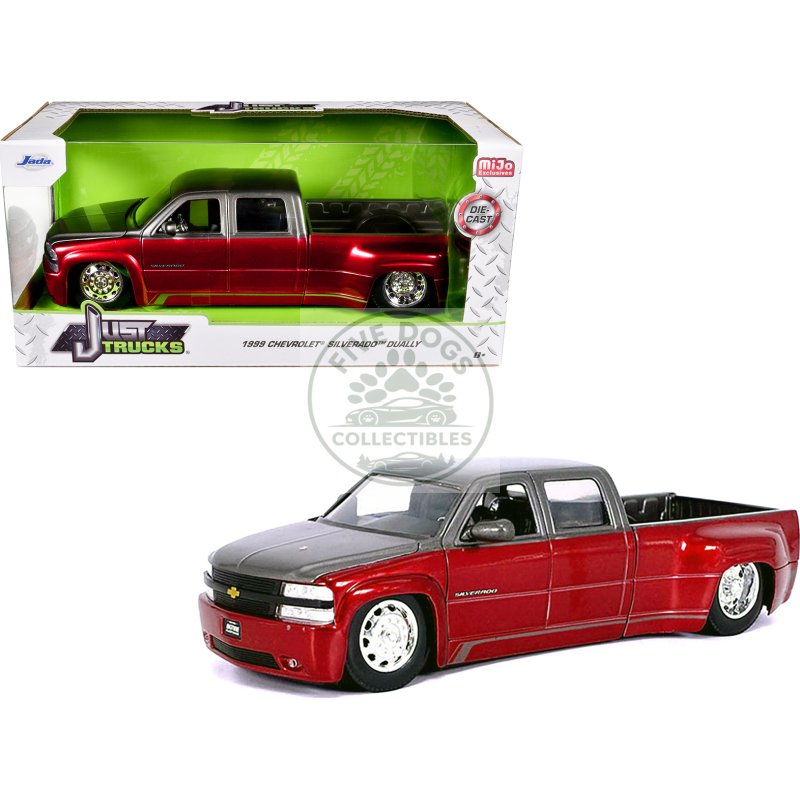 1999 chevrolet silverado dually pickup truck red metallic and gray with stock wheels "just trucks" series 1/24 diecast model car by jada