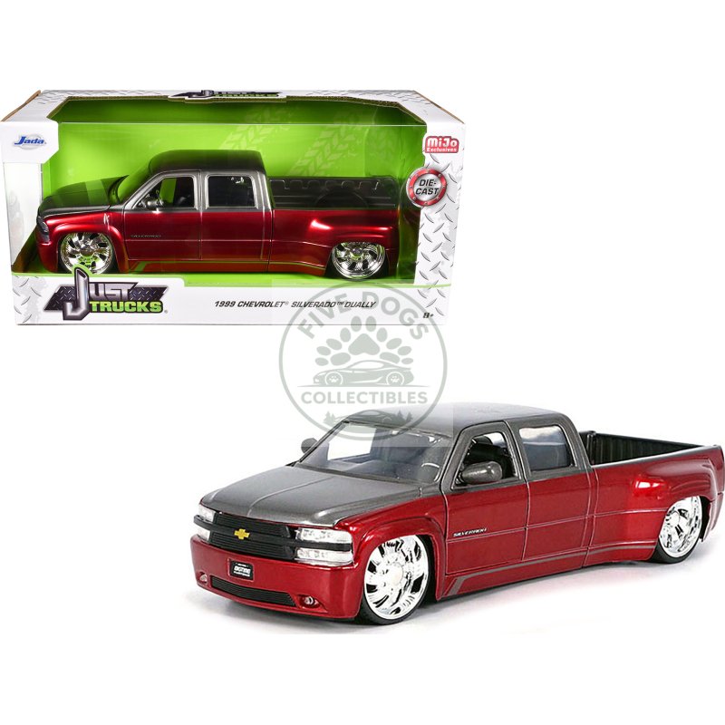 1999 chevrolet silverado dually pickup truck red metallic and gray with custom kmc wheels "just trucks" series 1/24 diecast model car by jada