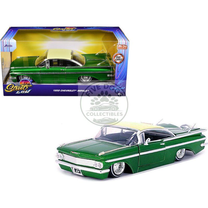 1959 chevrolet impala lowrider green metallic with cream top and wire wheels "street low" series 1/24 diecast model car by jada