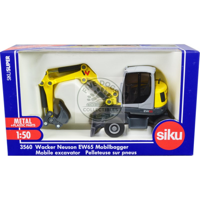 wacker neuson ew65 mobile excavator yellow and gray 1/50 diecast model by siku