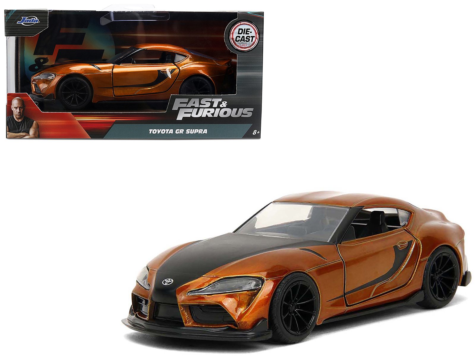 2020 toyota supra orange metallic with black stripes "f9" (2021) movie "fast & furious" series 1/32 diecast model car by jada 2020 toyota supra orange metallic with black stripes "f9" (2021) movie "fast & furious" series 1/32 diecast model car by jada