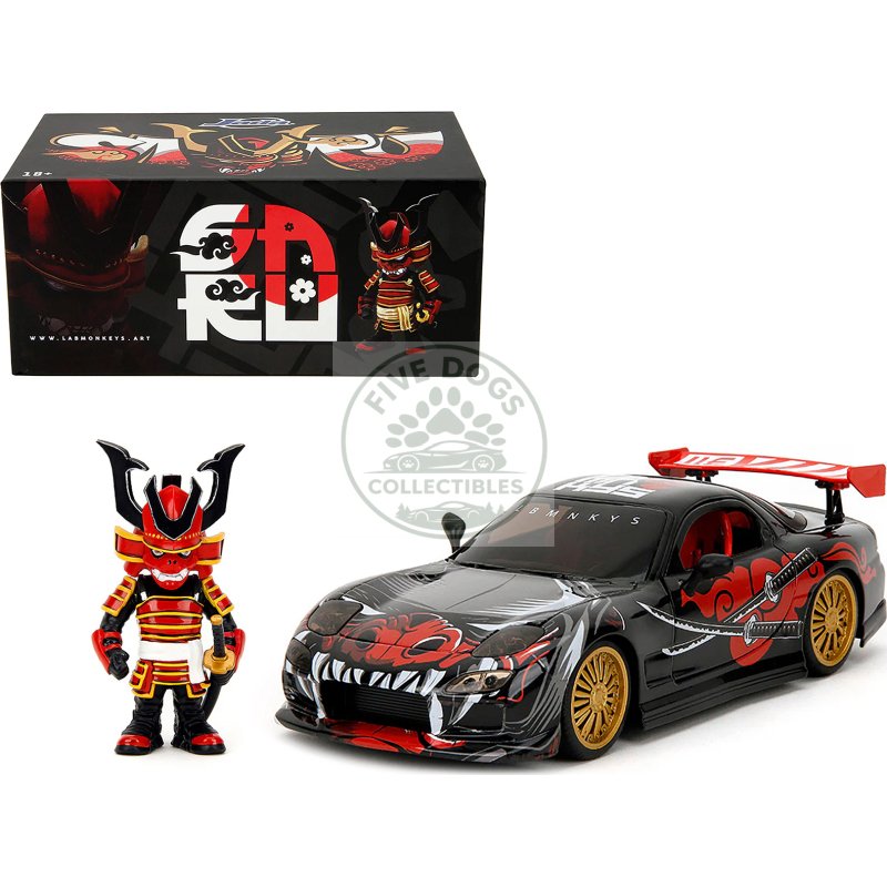 1993 mazda rx 7 black with graphics "lab monkeys" with saru diecast figure "hollywood rides" series 1/24 diecast model car by jada
