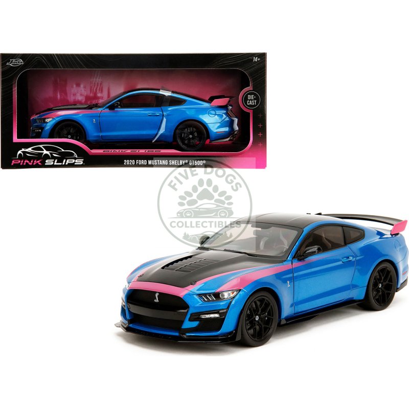 ford mustang shelby gt500 blue metallic with pink stripes and black hood and top "pink slips" series 1/18 diecast model car by jada