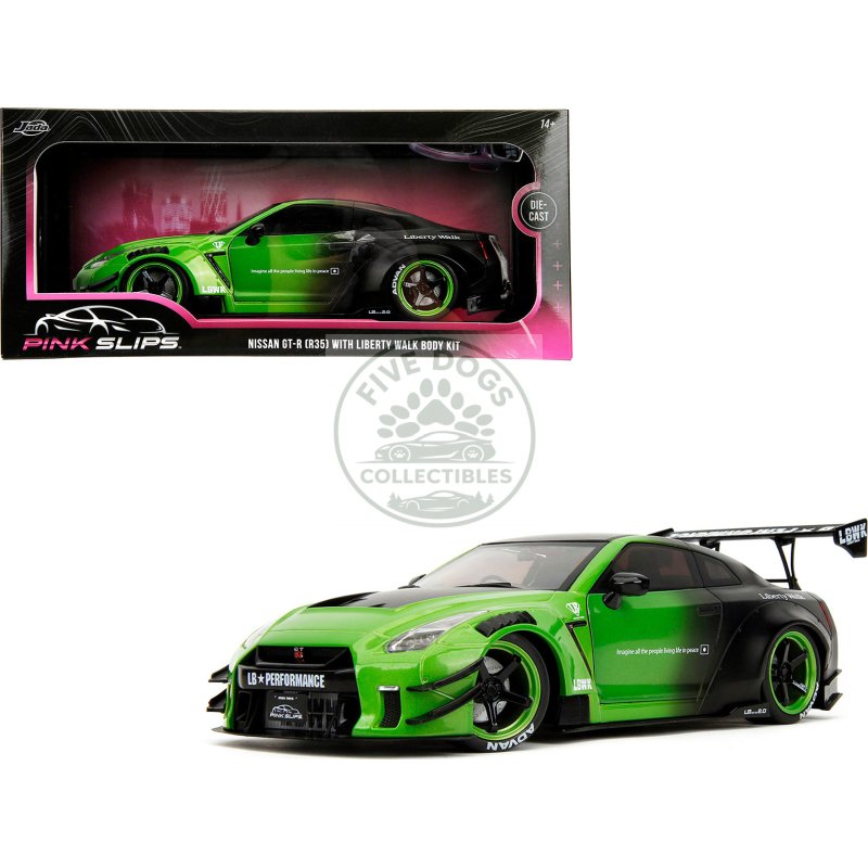 nissan gt r (r35) liberty walk body kit 2.0 rhd (right hand drive) green and matt black "pink slips" series 1/18 diecast model car by jada