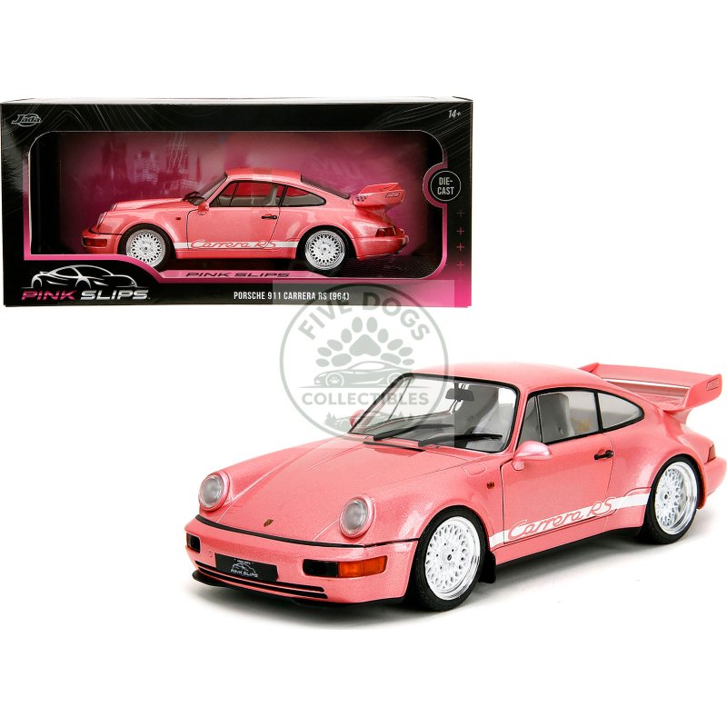 porsche 911 carrera rs (964) pink metallic with white stripes "pink slips" series 1/18 diecast model car by jada