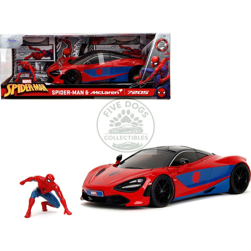 mclaren 720s red and blue with black top and graphics and spider man diecast figure "marvel spider man" "hollywood rides" series 1/24 diecast model car by jada