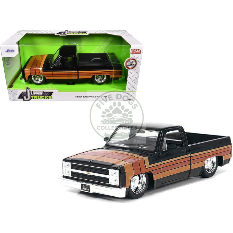 1985 chevrolet c 10 pickup truck black with stripes and gm rally wheels "just trucks" series 1/24 diecast model car by jada