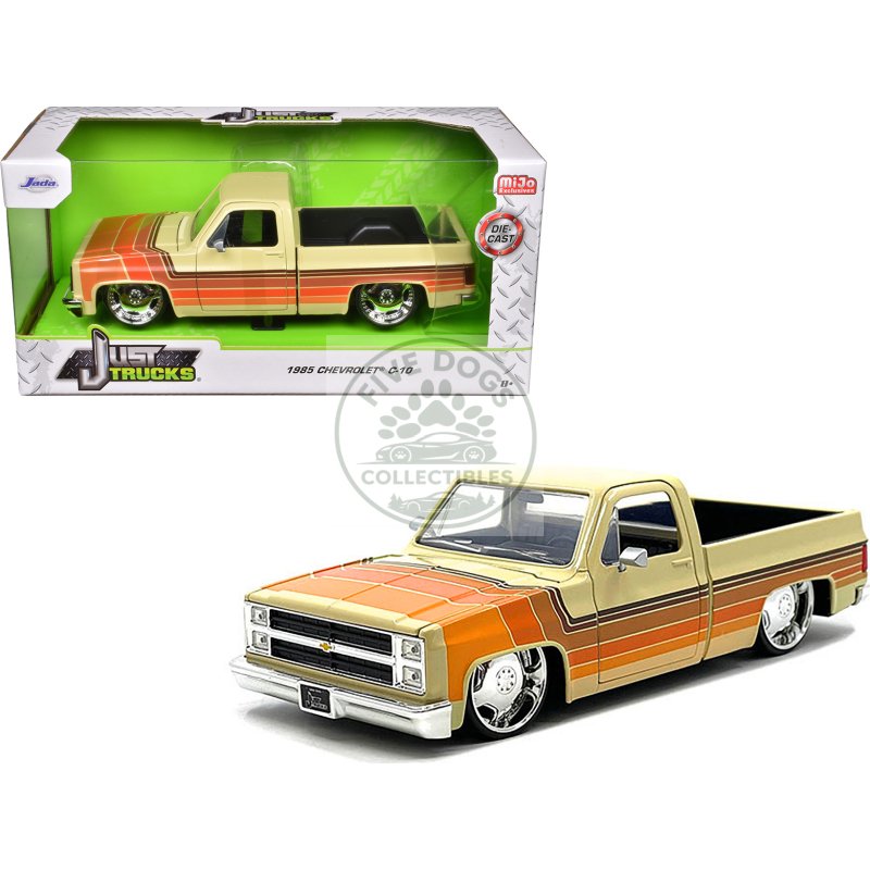 1985 chevrolet c 10 pickup truck beige with stripes and lowenhart wheels "just trucks" series 1/24 diecast model car by jada