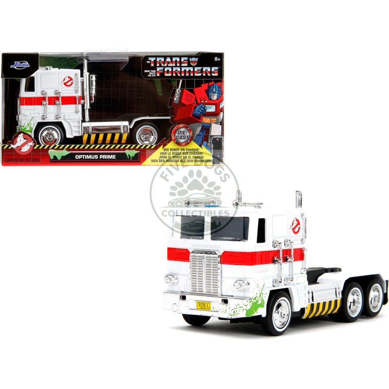g1 autobot optimus prime truck white with robot on chassis from "transformers" tv series "ghostbusters" (1984) movie crossover "hollywood rides" series diecast model by jada