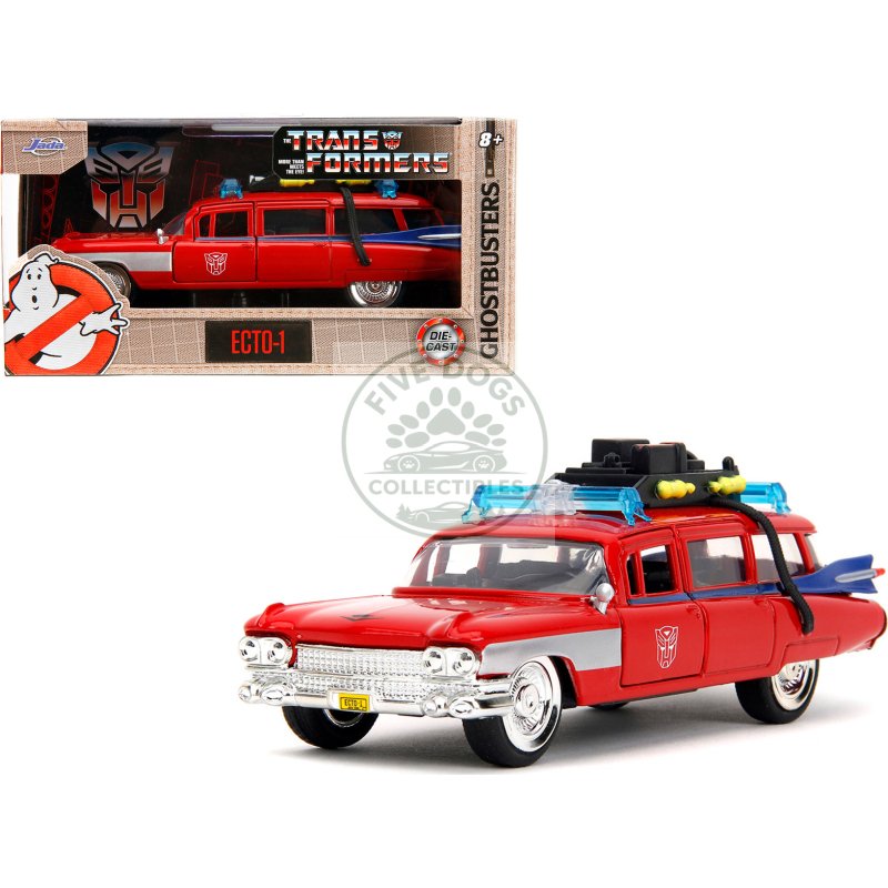 1959 cadillac ambulance ecto 1 red "transformers" tv series "ghostbusters" (1984) movie crossover "hollywood rides" series 1/32 diecast model car by jada