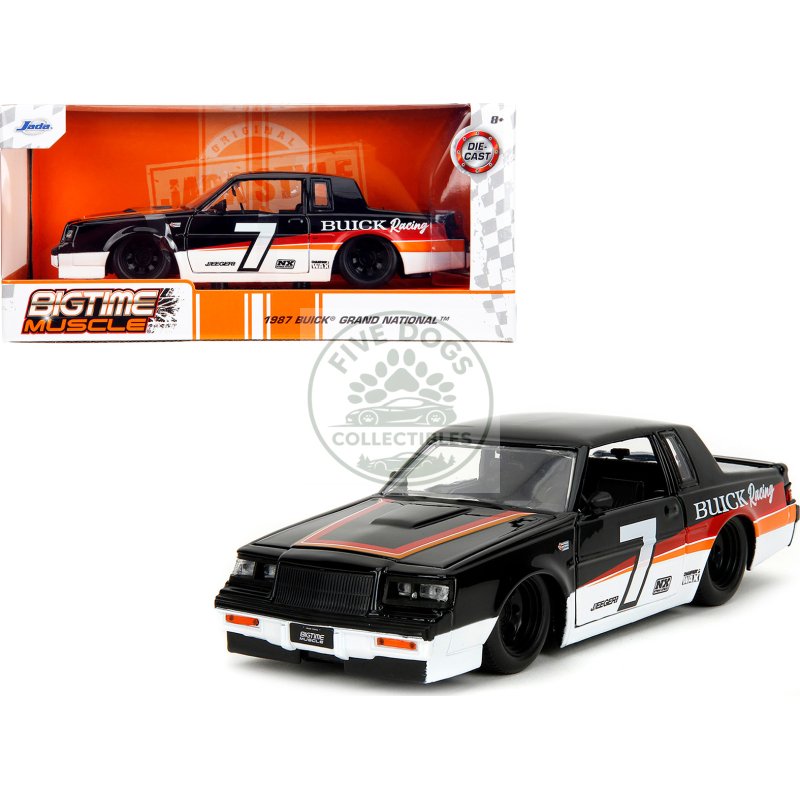 1987 buick grand national #7 "buick racing" black and white with stripes "bigtime muscle" series 1/24 diecast model car by jada