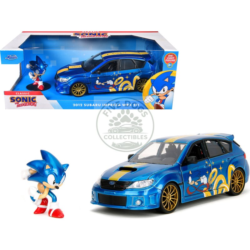 2012 subaru impreza wrx sti blue metallic with graphics and sonic the hedgehog diecast figure "sonic the hedgehog" "hollywood rides" series 1/24 diecast model car by jada
