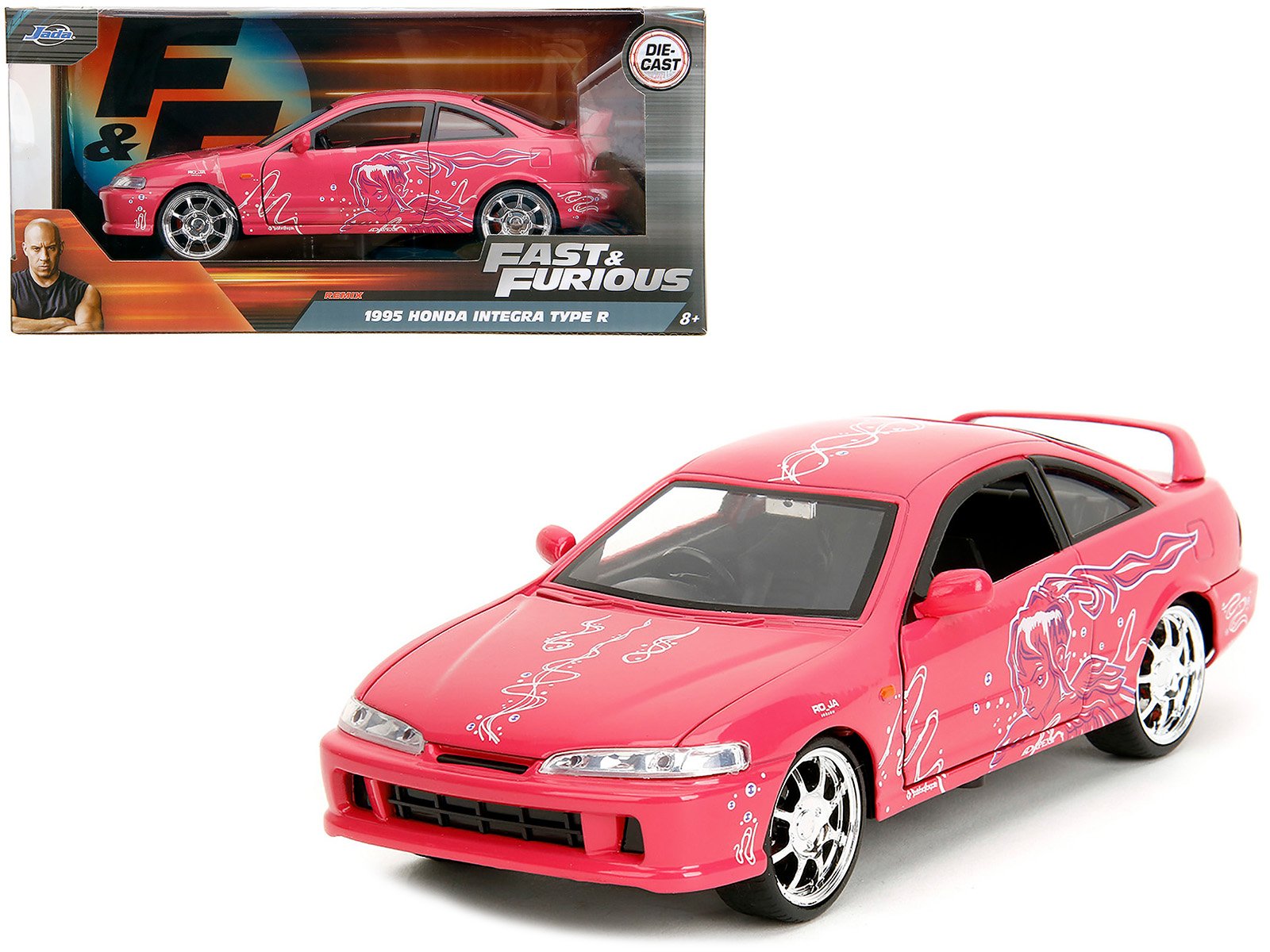 1995 honda integra type r pink with graphics "fast & furious remix" series 1/24 diecast model car by jada 1995 honda integra type r pink with graphics "fast & furious remix" series 1/24 diecast model car by jada