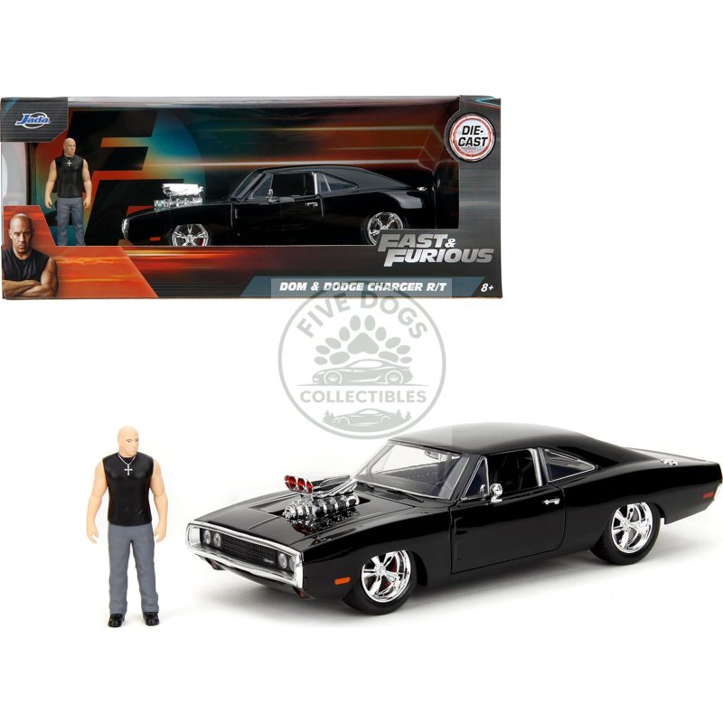dodge charger r/t black with dom diecast figure "fast & furious" (2009) movie "hollywood rides" series 1/24 diecast model car by jada