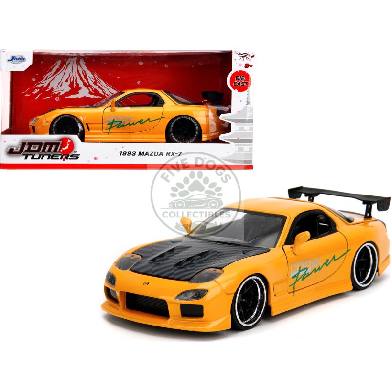1993 mazda rx 7 "hks power" yellow with carbon hood "jdm tuners" series 1/24 diecast model car by jada