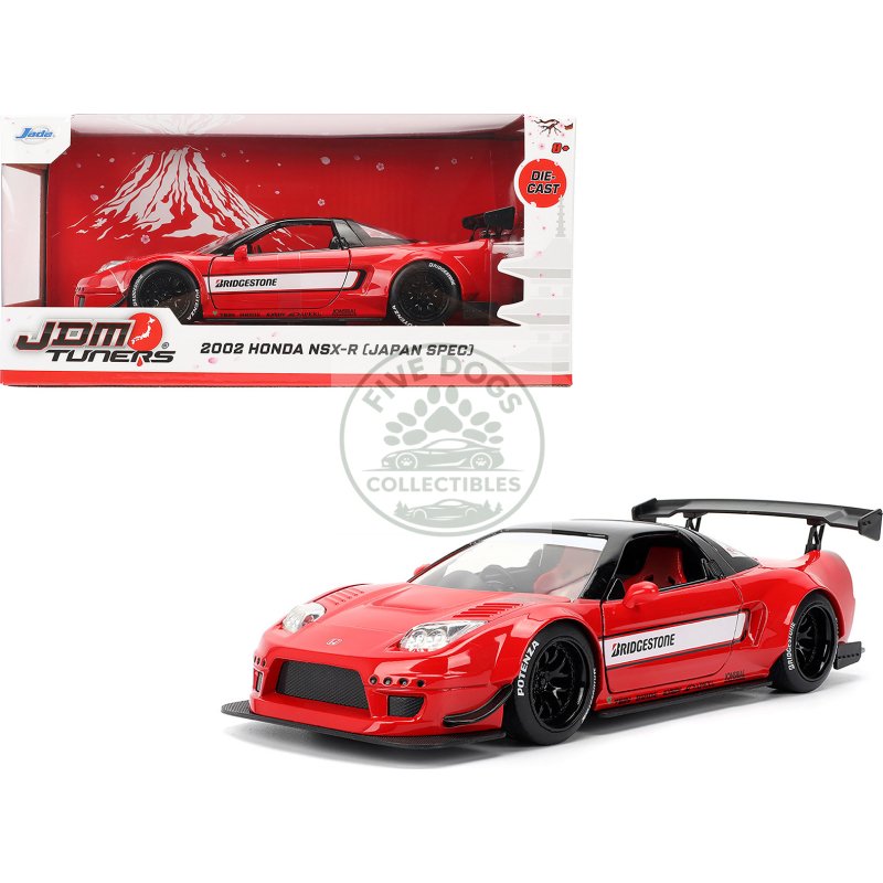 2002 honda nsx r rhd (right hand drive) "bridgestone" red with black top and white stripes "jdm tuners" series 1/24 diecast model car by jada