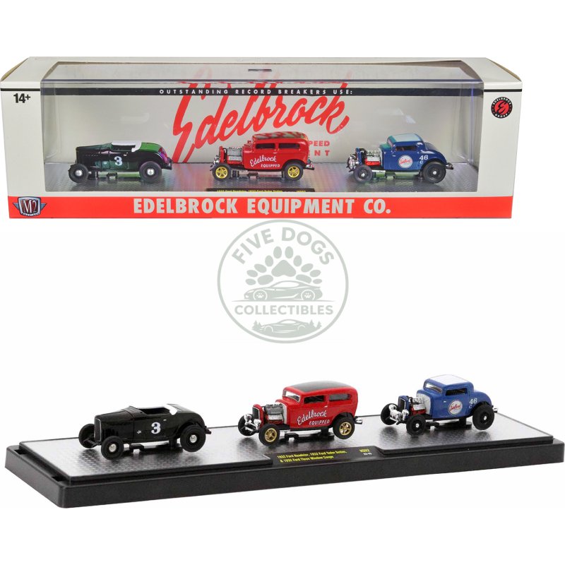 "edelbrock equipment co." set of 3 pieces limited edition to 2750 pieces worldwide 1/64 diecast models by m2 machines
