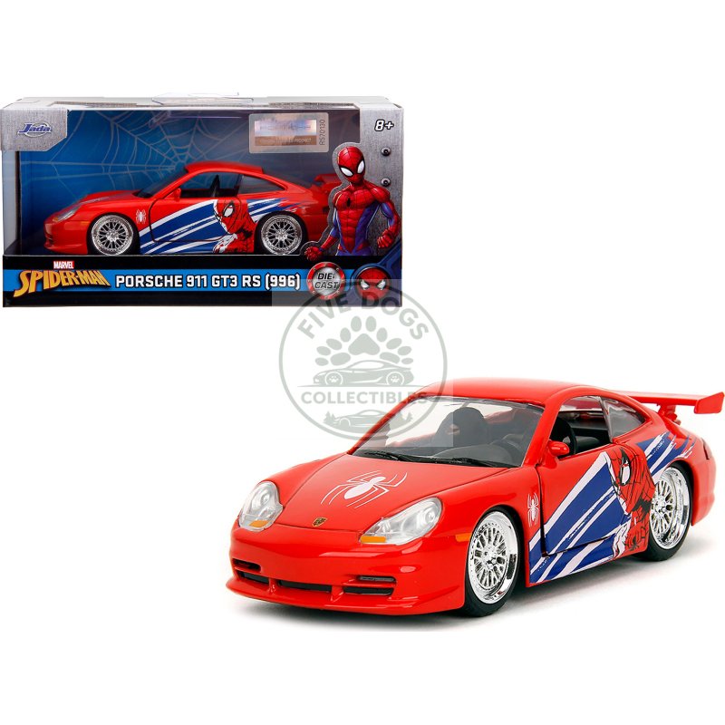porsche 911 gt3 rs (996) red with graphics "marvel's spider man" 1/32 diecast model car by jada