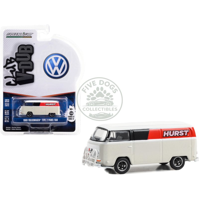 1969 volkswagen type 2 panel van white with black and red stripes "hurst shifters" "club vee v dub" series 17 1/64 diecast model car by greenlight