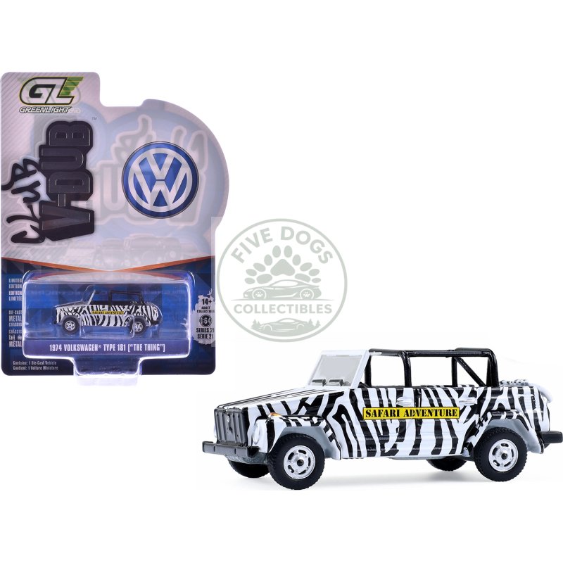 1974 volkswagen thing (type 181) "safari adventure" black and white zebra stripes "club vee dub" series 21 1/64 diecast model car by greenlight