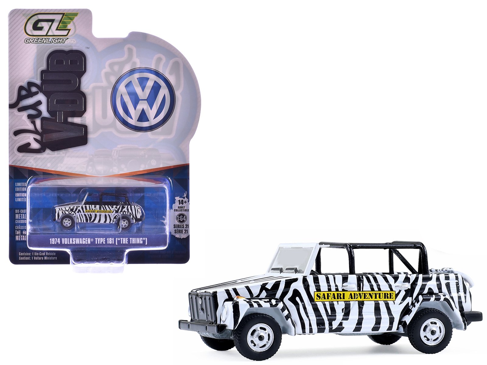 1974 volkswagen thing (type 181) "safari adventure" black and white zebra stripes "club vee dub" series 21 1/64 diecast model car by greenlight 1974 volkswagen thing (type 181) "safari adventure" black and white zebra stripes "club vee dub" series 21 1/64 diecast model car by greenlight