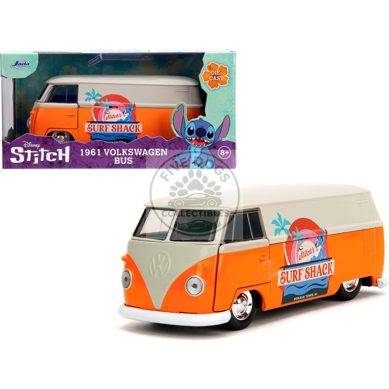 1961 volkswagen bus "stitch's surf shack" orange and gray "disney's stitch" "hollywood rides" series 1/32 diecast model car by jada
