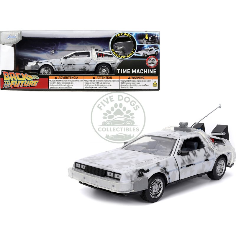 dmc delorean time machine brushed metal (frost version) with lights "back to the future" (1985) movie "hollywood rides" series 1/24 diecast model car by jada