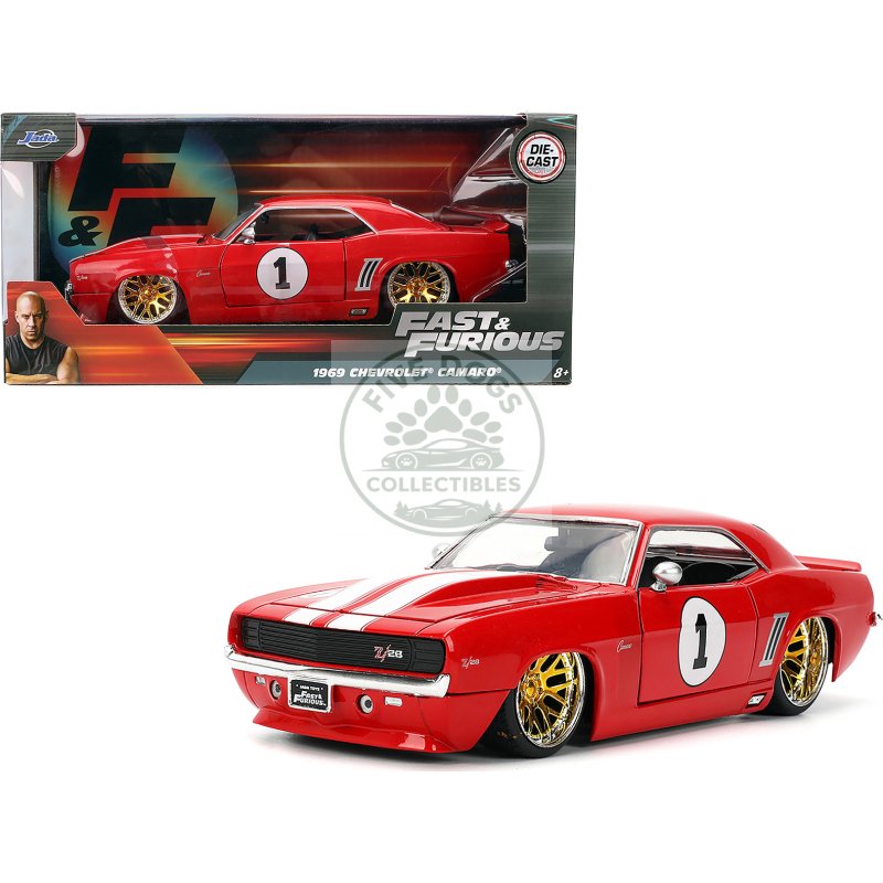 1969 chevrolet camaro #1 red with white stripes "fast & furious" series 1/24 diecast model car by jada