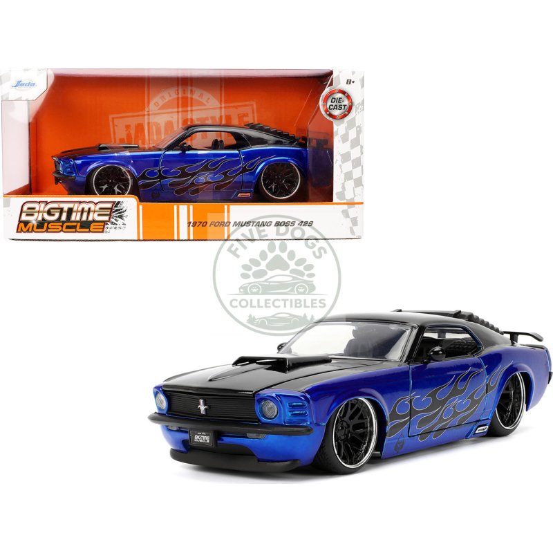 1970 ford mustang boss 429 black and blue metallic with flames "bigtime muscle" series 1/24 diecast model car by jada